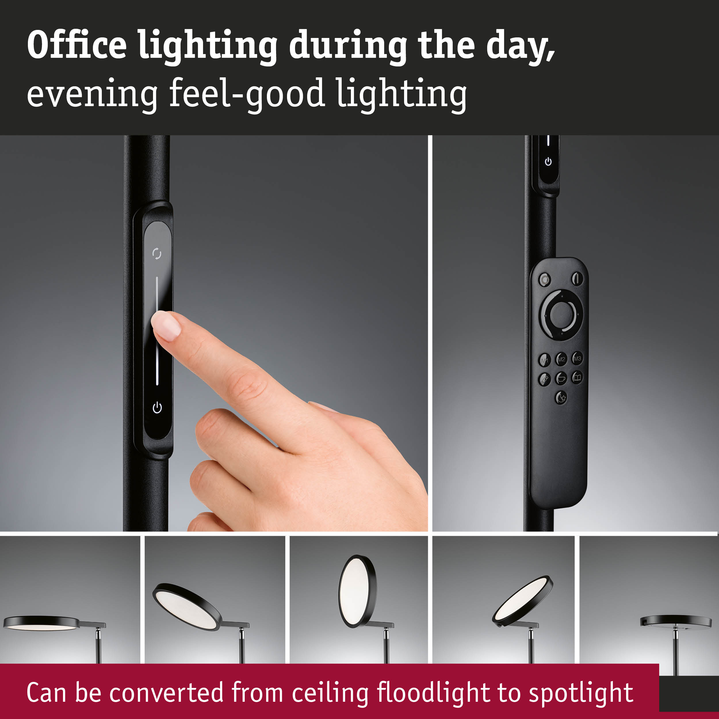 Black LED office lamp with touch control and remote, convertible from ceiling floodlight to spotlight