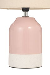 Ceramic table lamp base in pink and white with fabric shade, modern home lighting