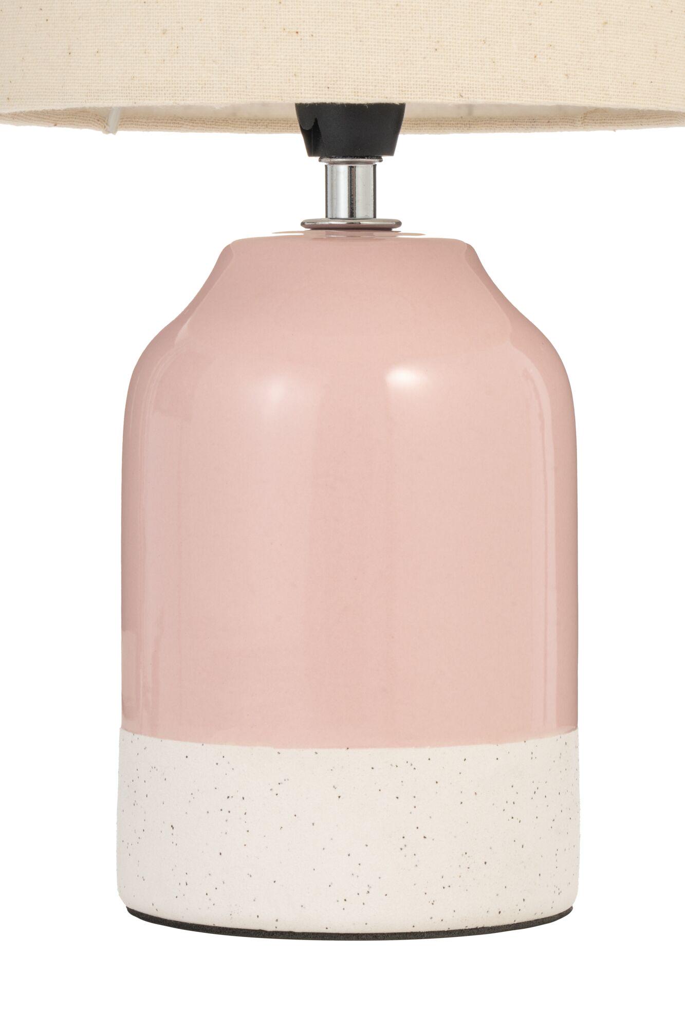 Table lamp with pink ceramic base and white speckled bottom for stylish home lighting