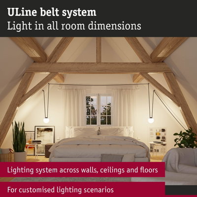 Modern bedroom featuring ULine Belt System lighting on walls and ceiling for custom lighting scenarios