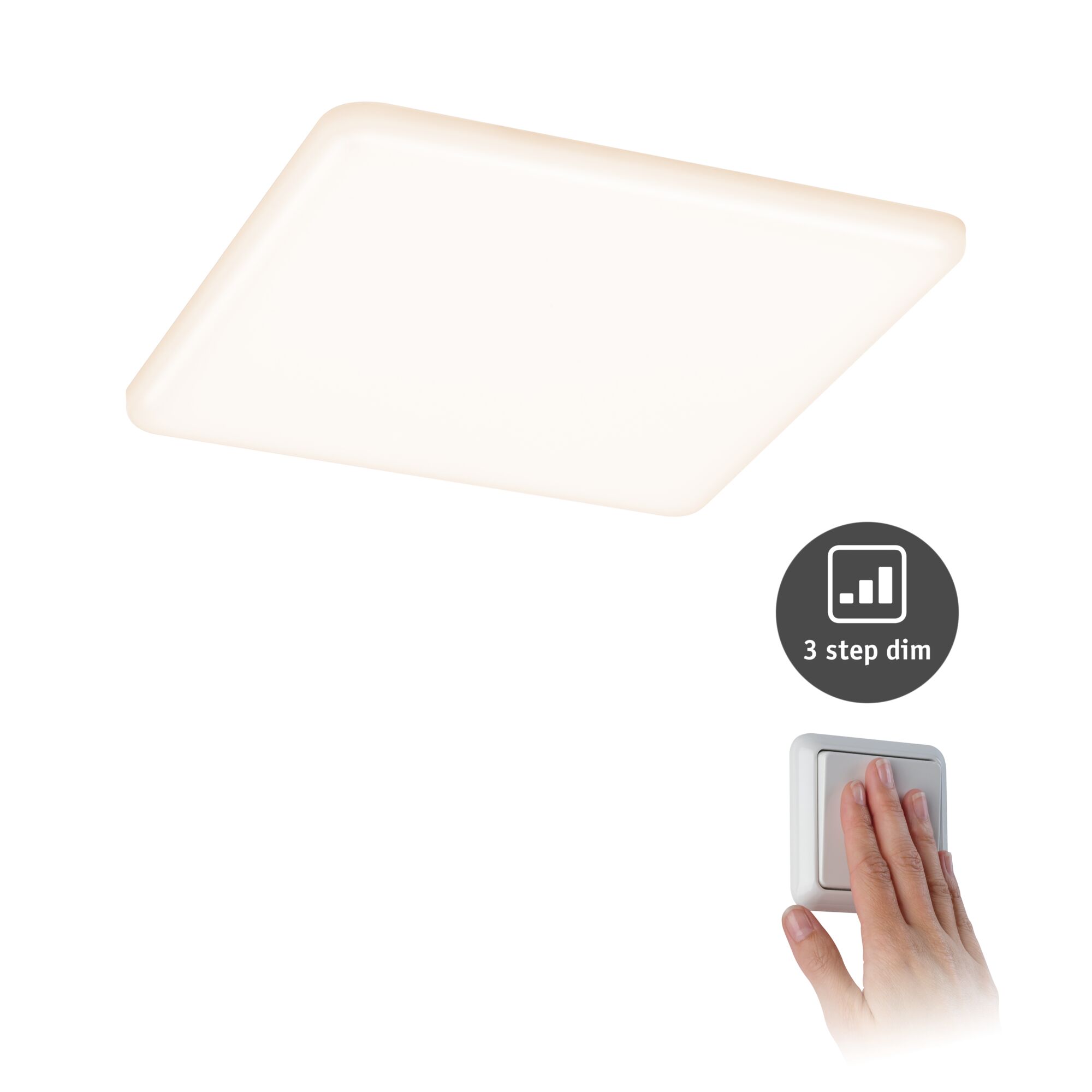 Quadratische weiße LED-Deckenleuchte mit 3-Stufen-Dimmer und Handbedienung für Wohnräume
