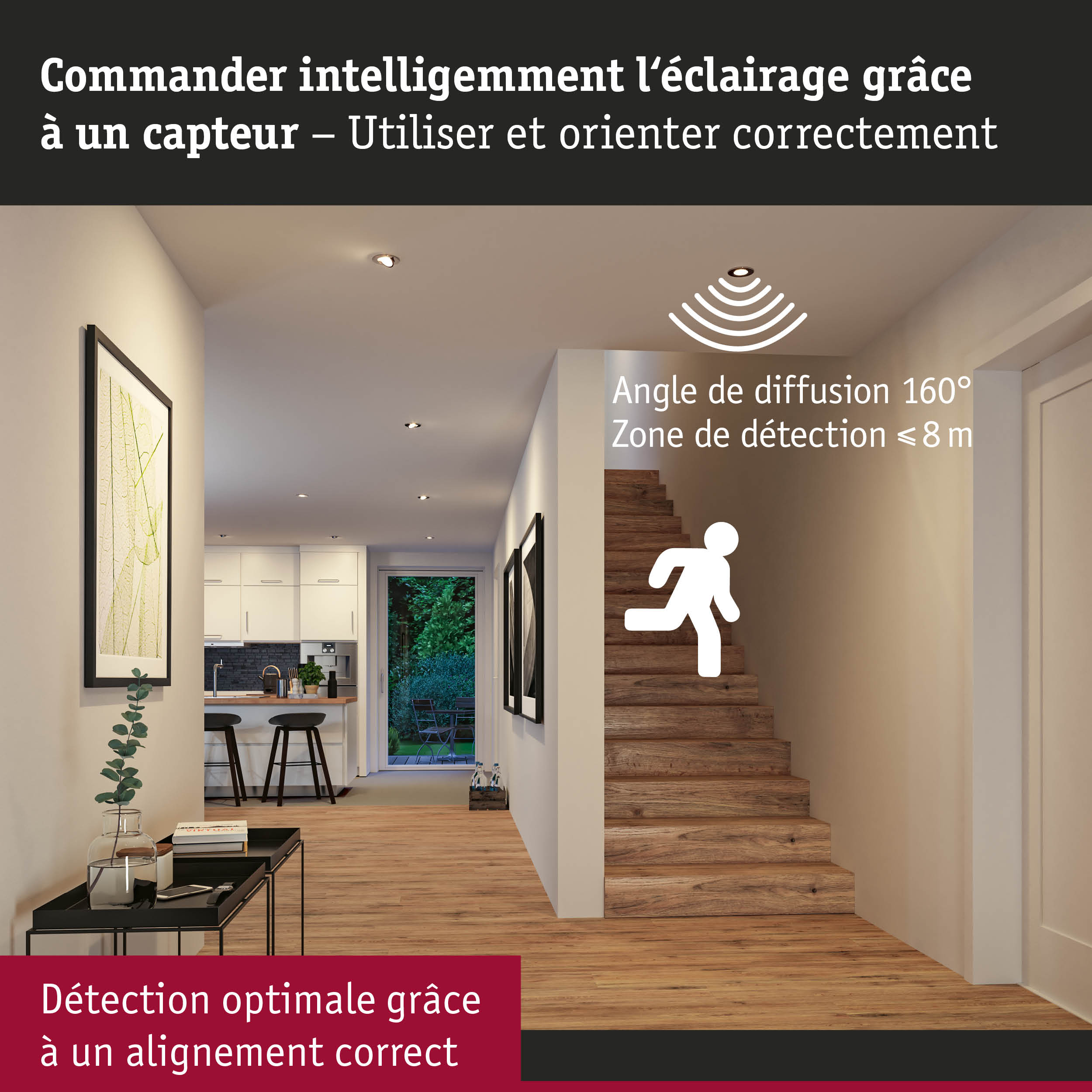 Couloir moderne avec escalier en bois et spots au plafond, angle de détection 160° pour gestion intelligente de l’éclairage