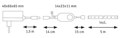 Technical drawing showing dimensions of power supply and cable for LED lighting system.