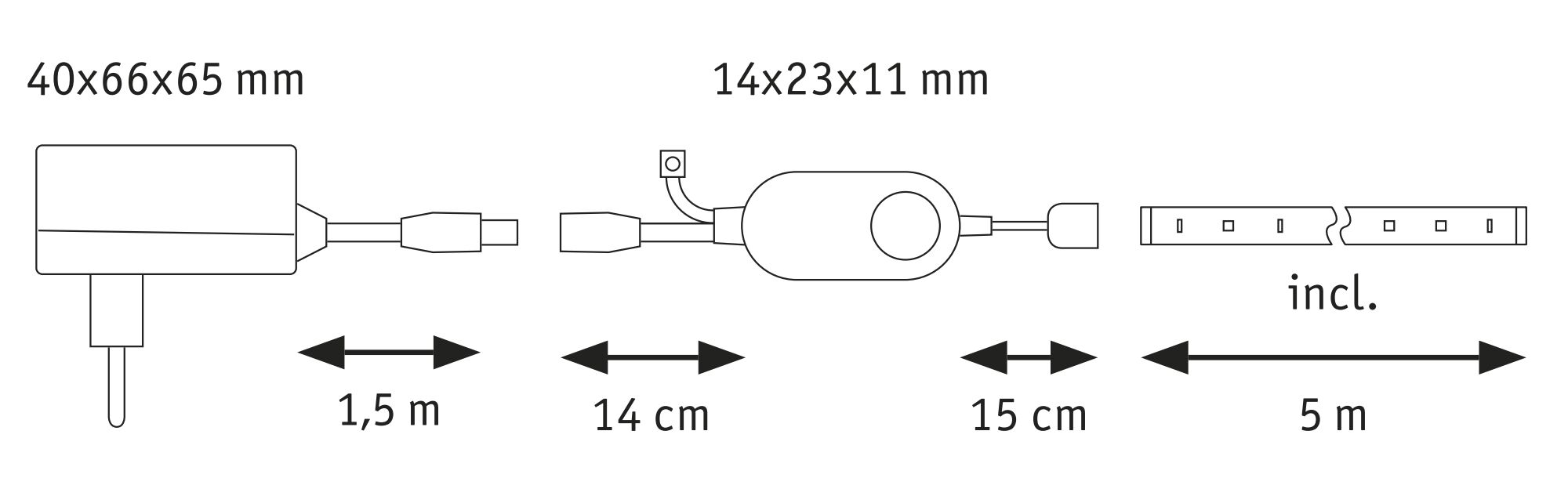 Technical drawing showing dimensions of power supply and cable for LED lighting system.