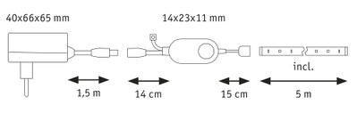 Technical drawing showing dimensions of power supply and cable for LED lighting system.