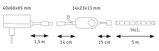 Technical drawing showing dimensions of power supply and cable for LED lighting system.