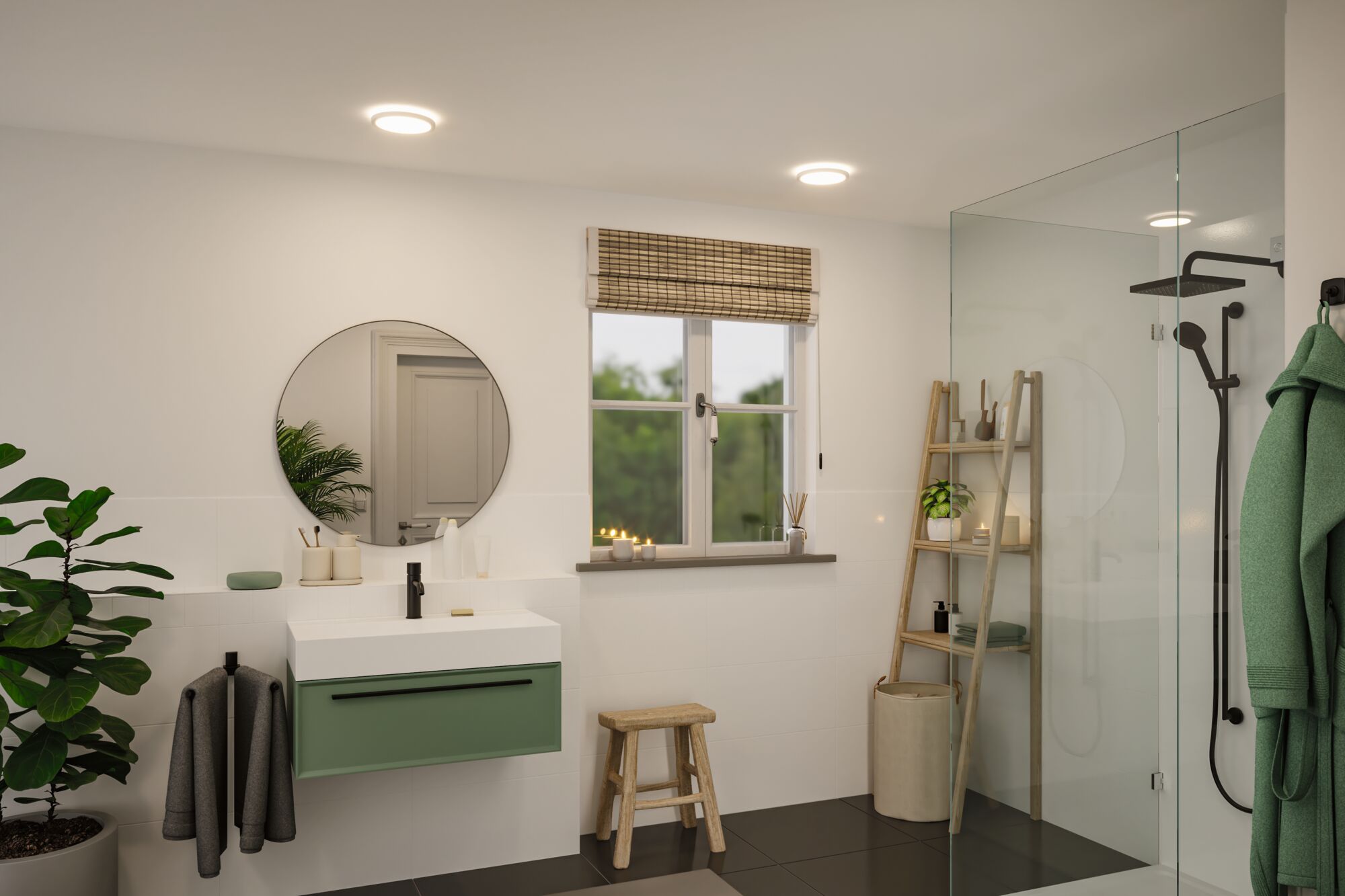 Modern bathroom with round mirror, green sink cabinet and LED ceiling lights for bright lighting