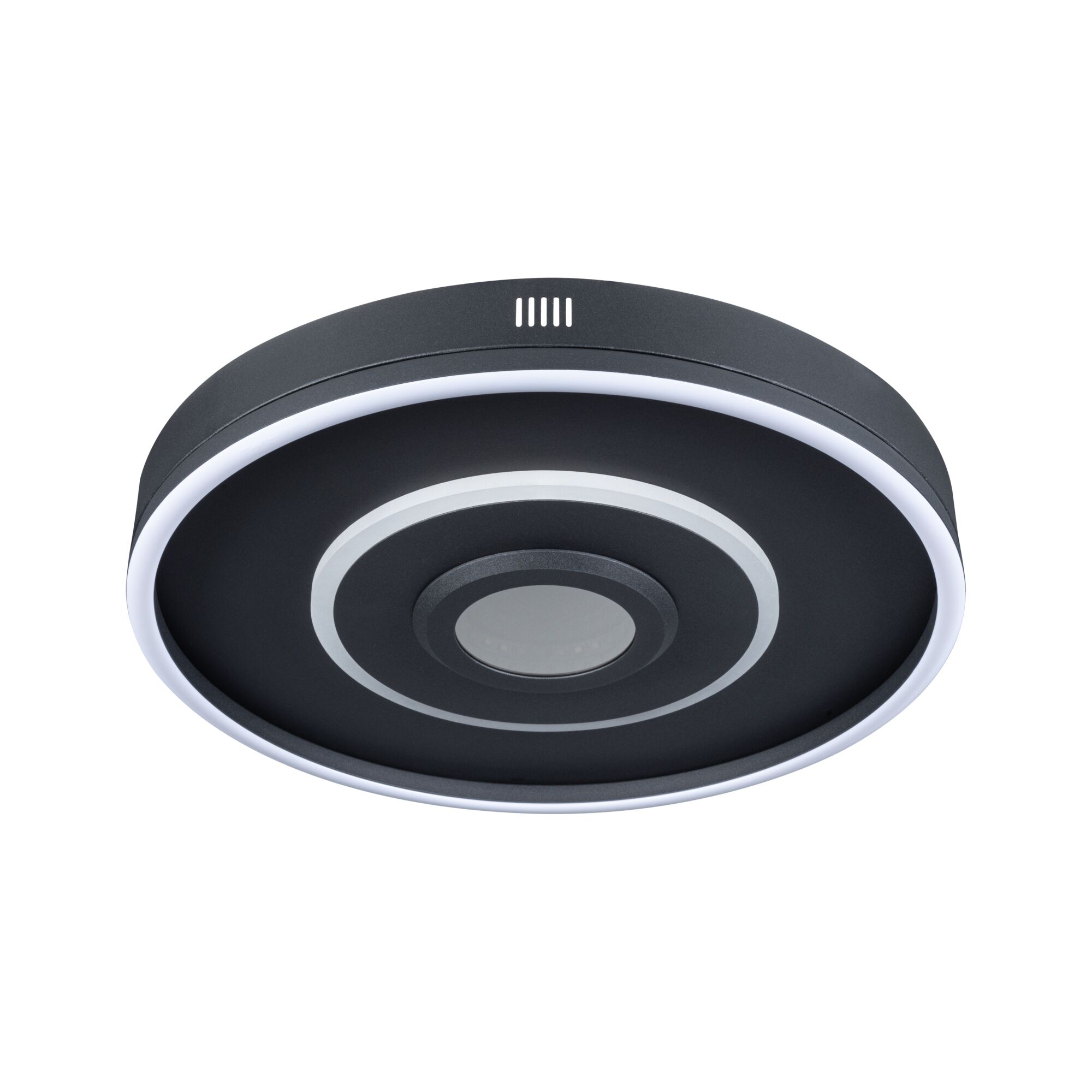 Ronde zwarte LED-plafondlamp met witte lichtkring en modern design voor woonruimtes