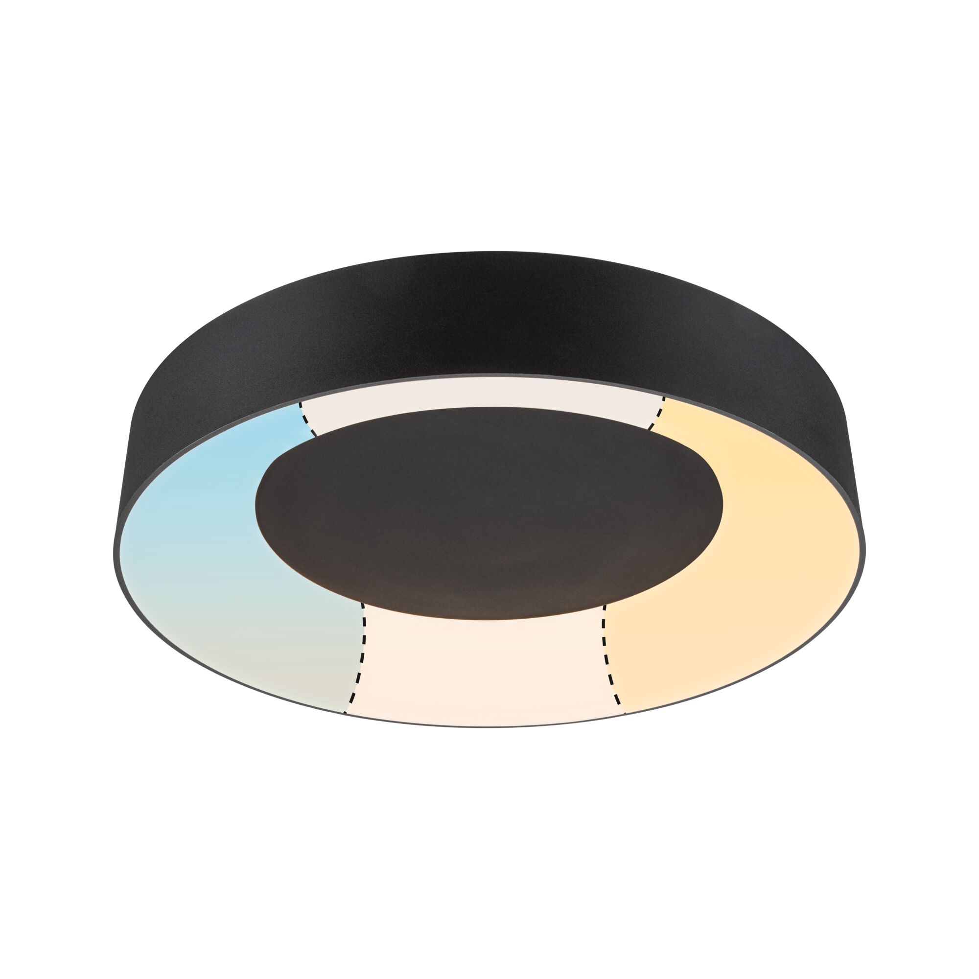 Runde schwarze LED-Deckenleuchte mit stufenlos einstellbarem Farbtemperaturbereich für Wohnräume