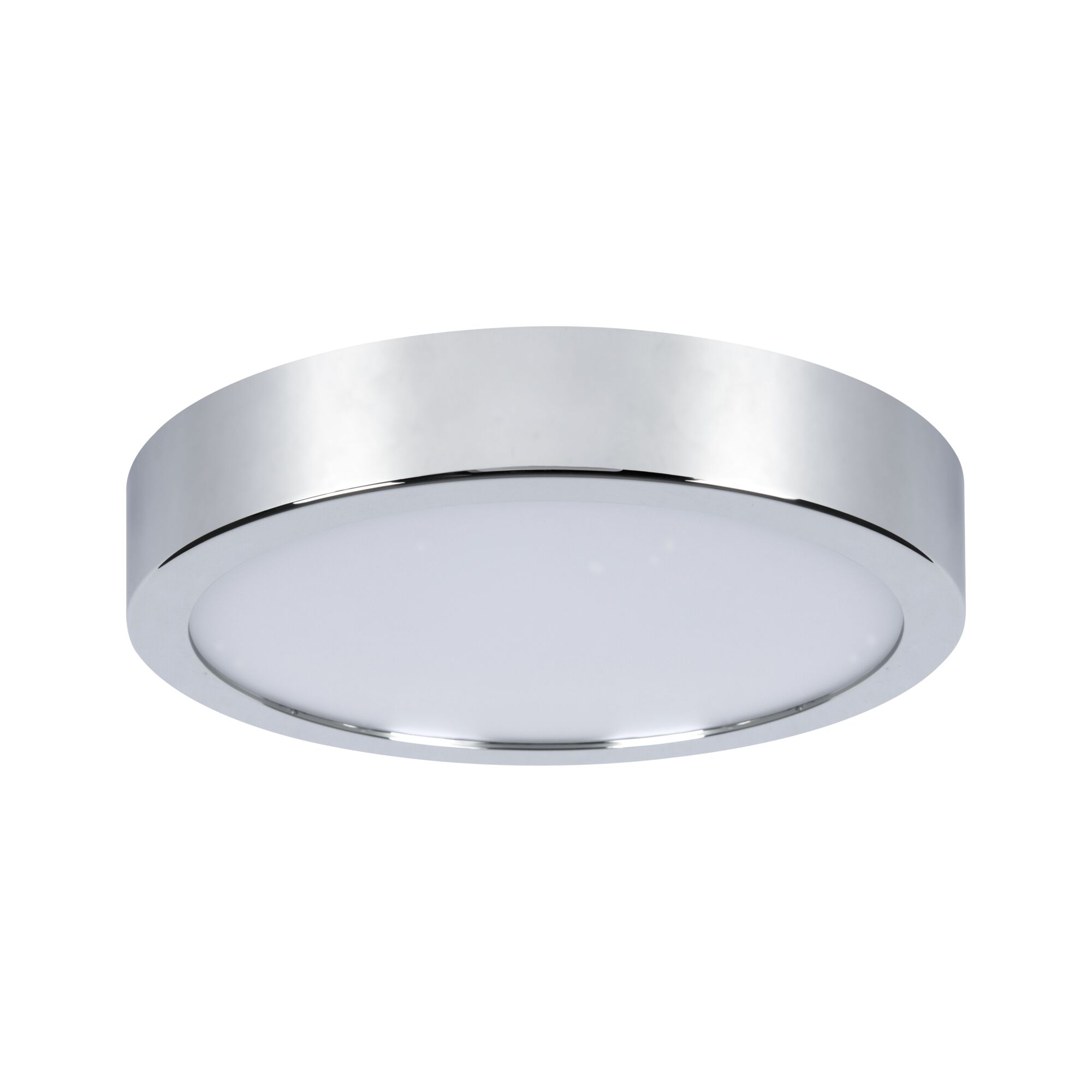 Round ceiling light with chrome frame and white plastic diffuser for modern room lighting