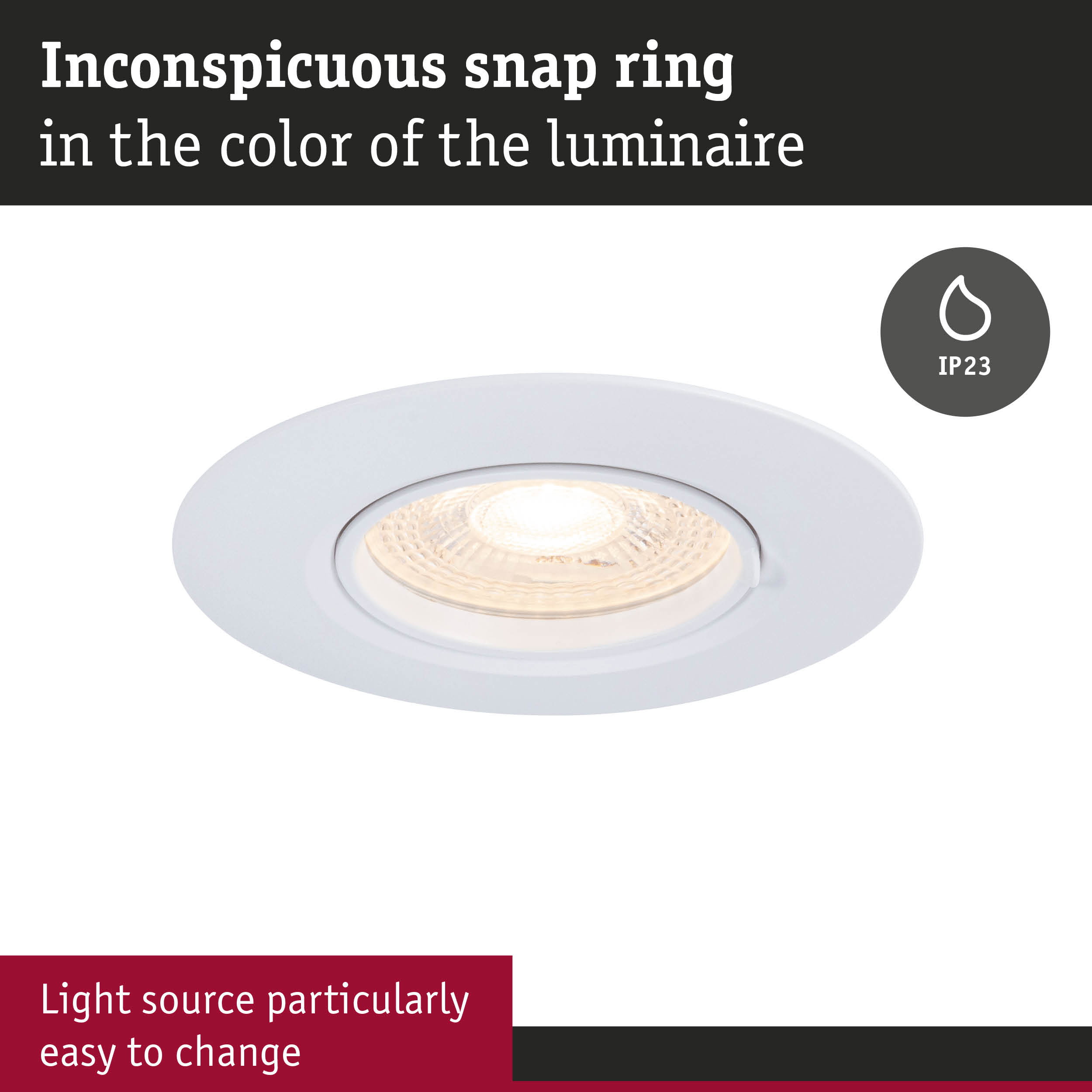 White recessed spotlight with inconspicuous snap ring and IP23 protection for damp areas