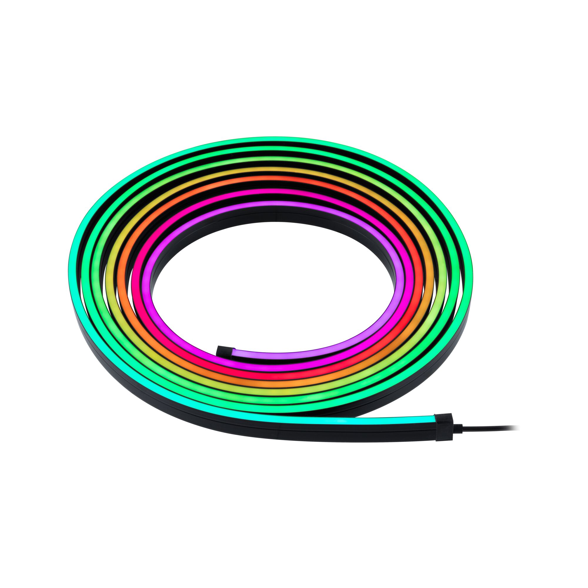 Colorful LED light strip in black with multicolor illumination for decorative room lighting.