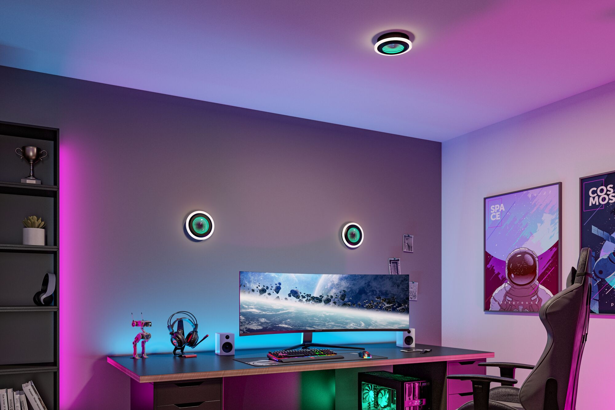 Chambre de jeu moderne avec lampes murales LED rondes noires et vertes, écran ultra-large et éclairage RGB