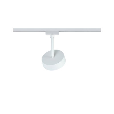 Moderner weißer LED-Strahler aus Metall an Schienensystem für flexible Beleuchtung im Raum