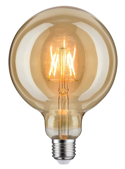 Round LED bulb with amber glass and visible filaments for decorative lighting and warm ambiance