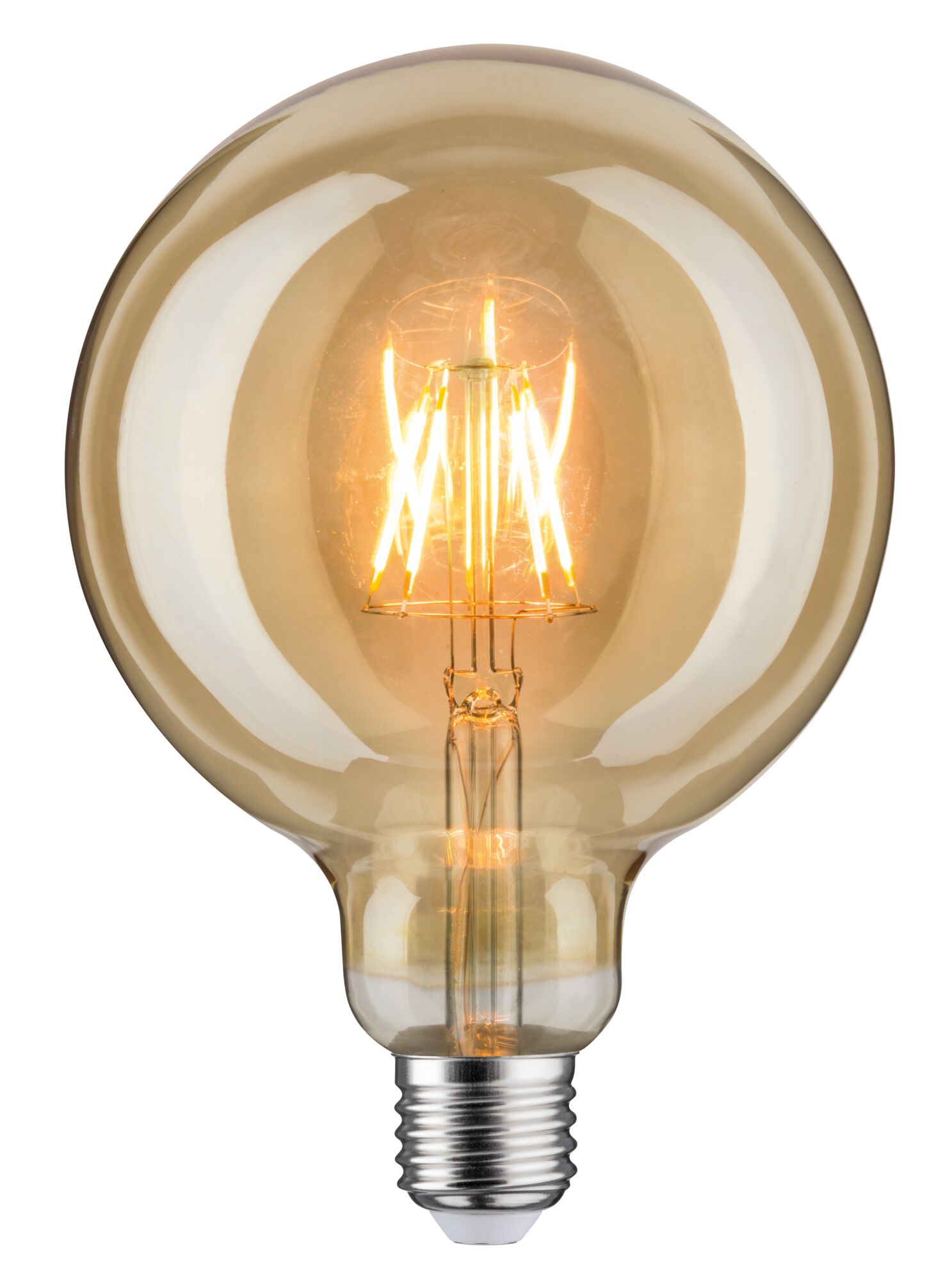 1879 230 V Filament LED Globe G125 E27 420lm 6,5W 1700K Gold Round LED bulb with amber glass and visible filaments for decorative lighting and warm ambiance