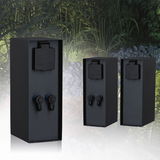 Three black outdoor sockets with IP44 protection, weatherproof for garden lighting and outdoor power.