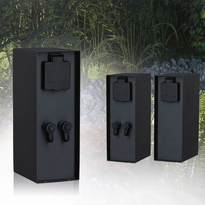 Three black outdoor sockets with IP44 protection, weatherproof for garden lighting and outdoor power.