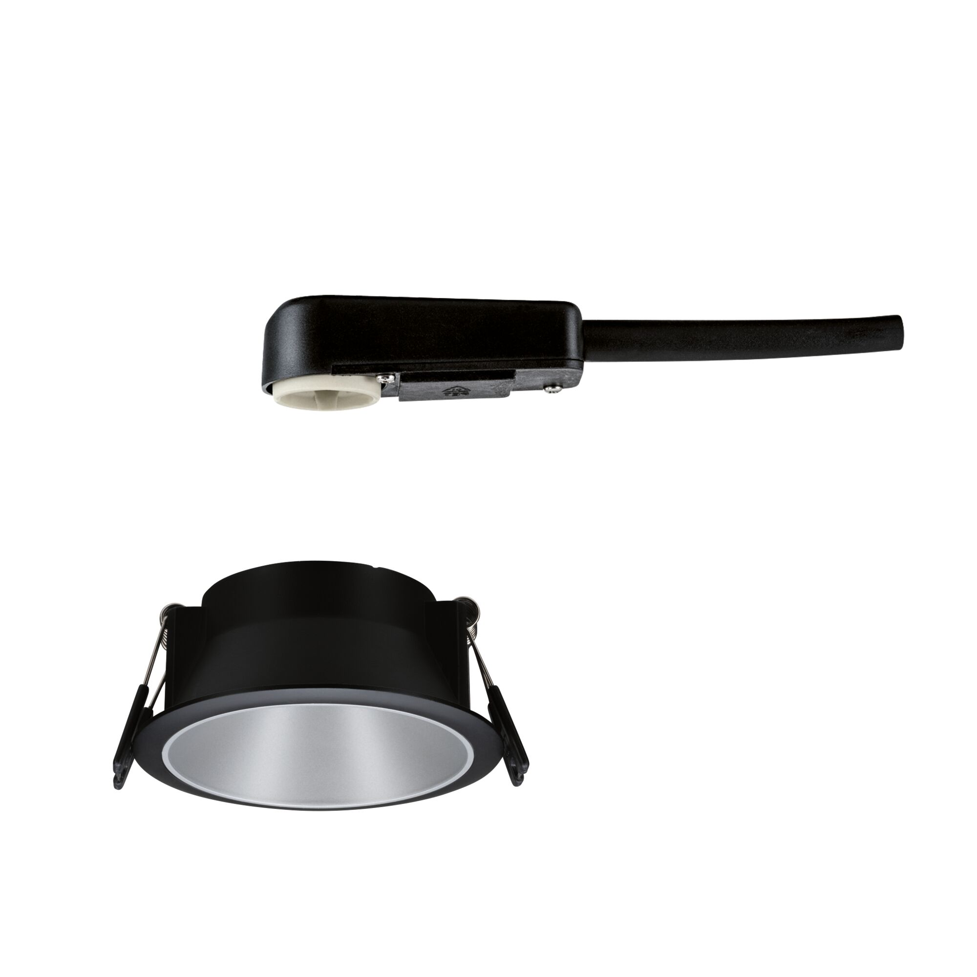 Spot encastré noir avec réflecteur argenté et câble de connexion assorti pour éclairage LED