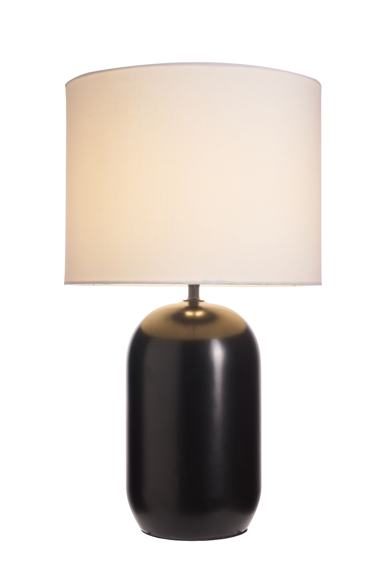 Moderne bordlampe med sort metalfod og hvid stofskærm til stilfuld belysning