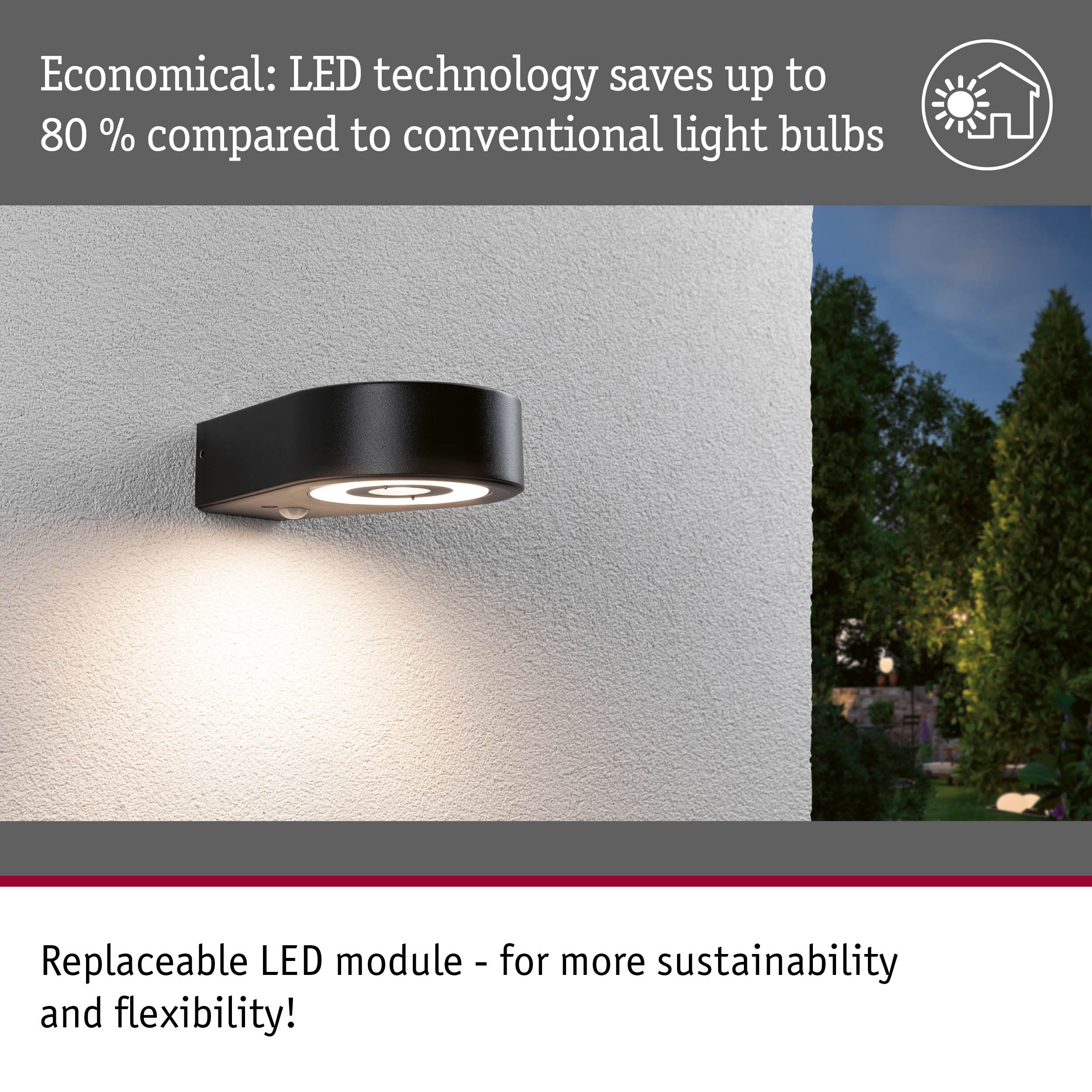 Black metal LED outdoor wall light with replaceable LED module and energy-saving LED technology