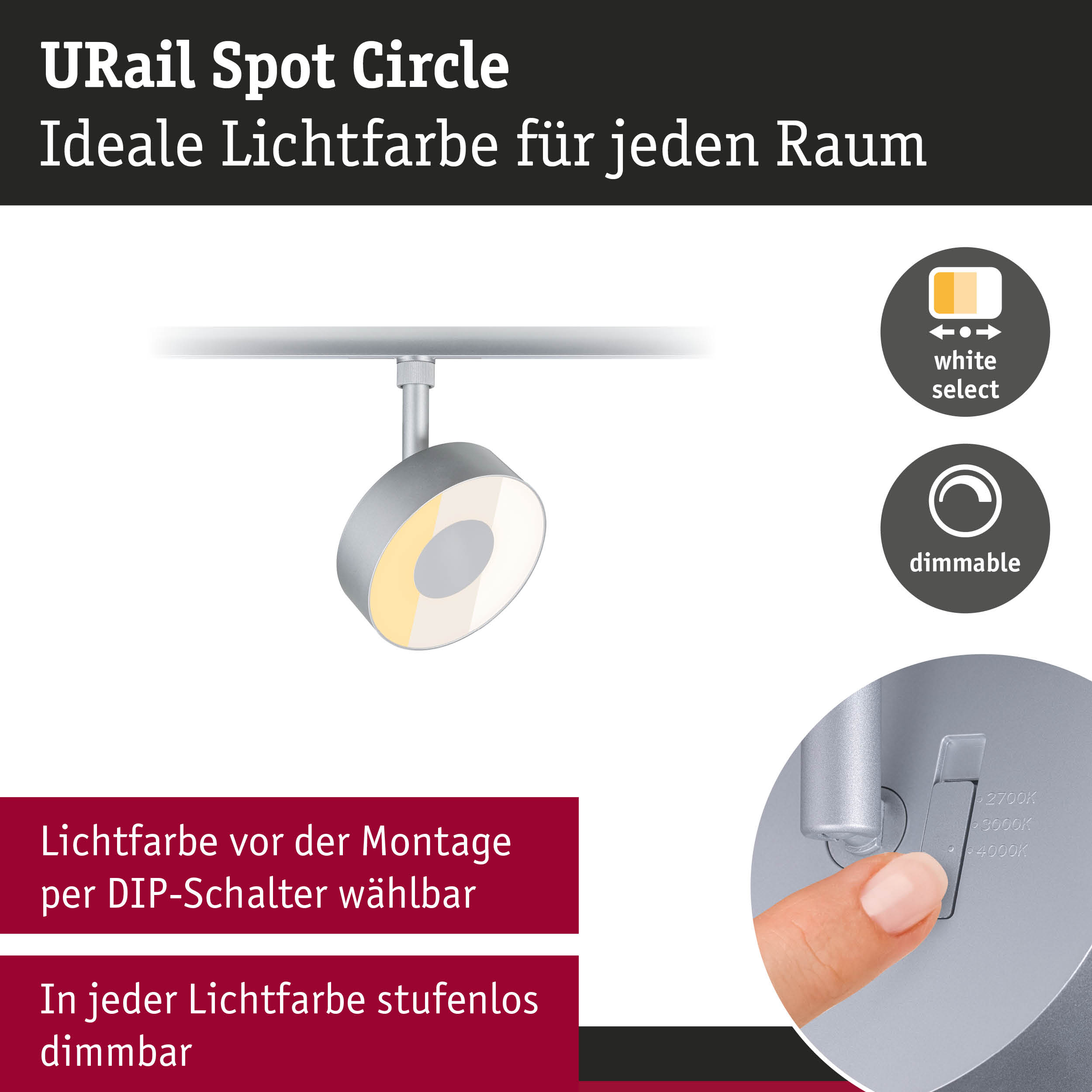 URail Spot Circle LED-Strahler in Silber mit einstellbarer Lichtfarbe und Dimmfunktion