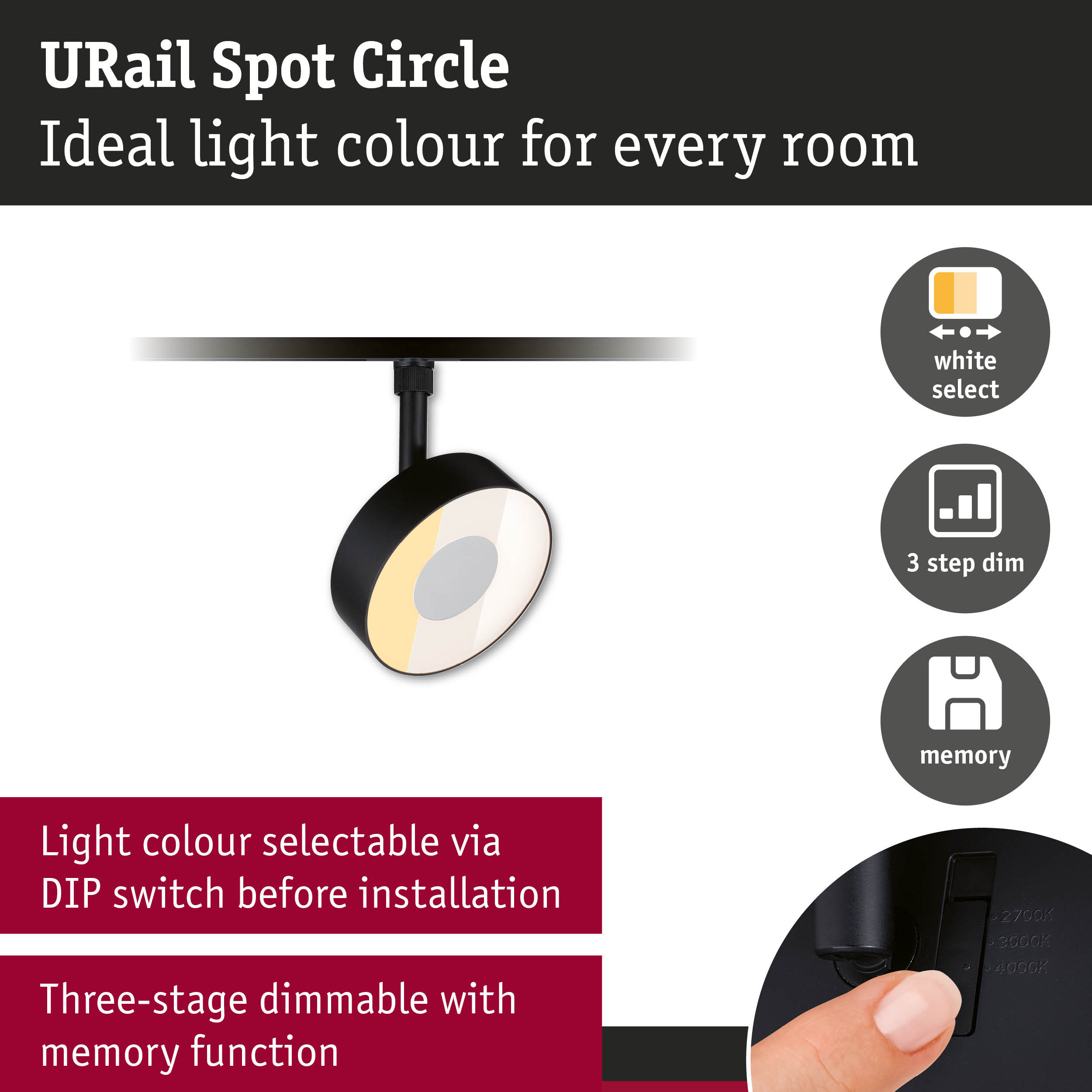 Black URail Spot Circle with adjustable light colour and three-step dimming for versatile room lighting