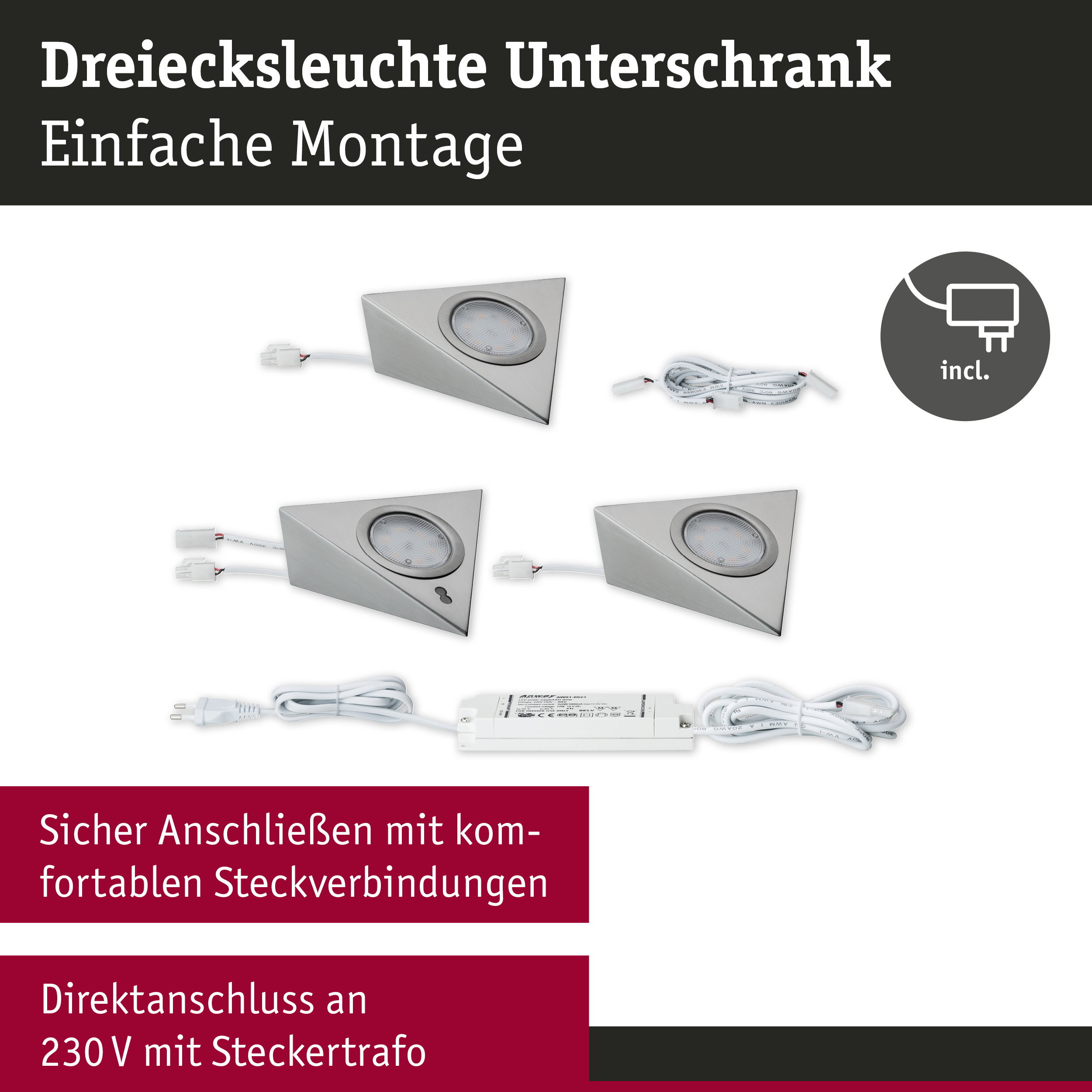 Dreieckige LED-Unterbauleuchten aus gebürstetem Aluminium mit Kabeln und Netzteil für einfache Montage