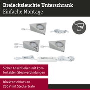 Dreieckige LED-Unterbauleuchten aus gebürstetem Aluminium mit Kabeln und Netzteil für einfache Montage