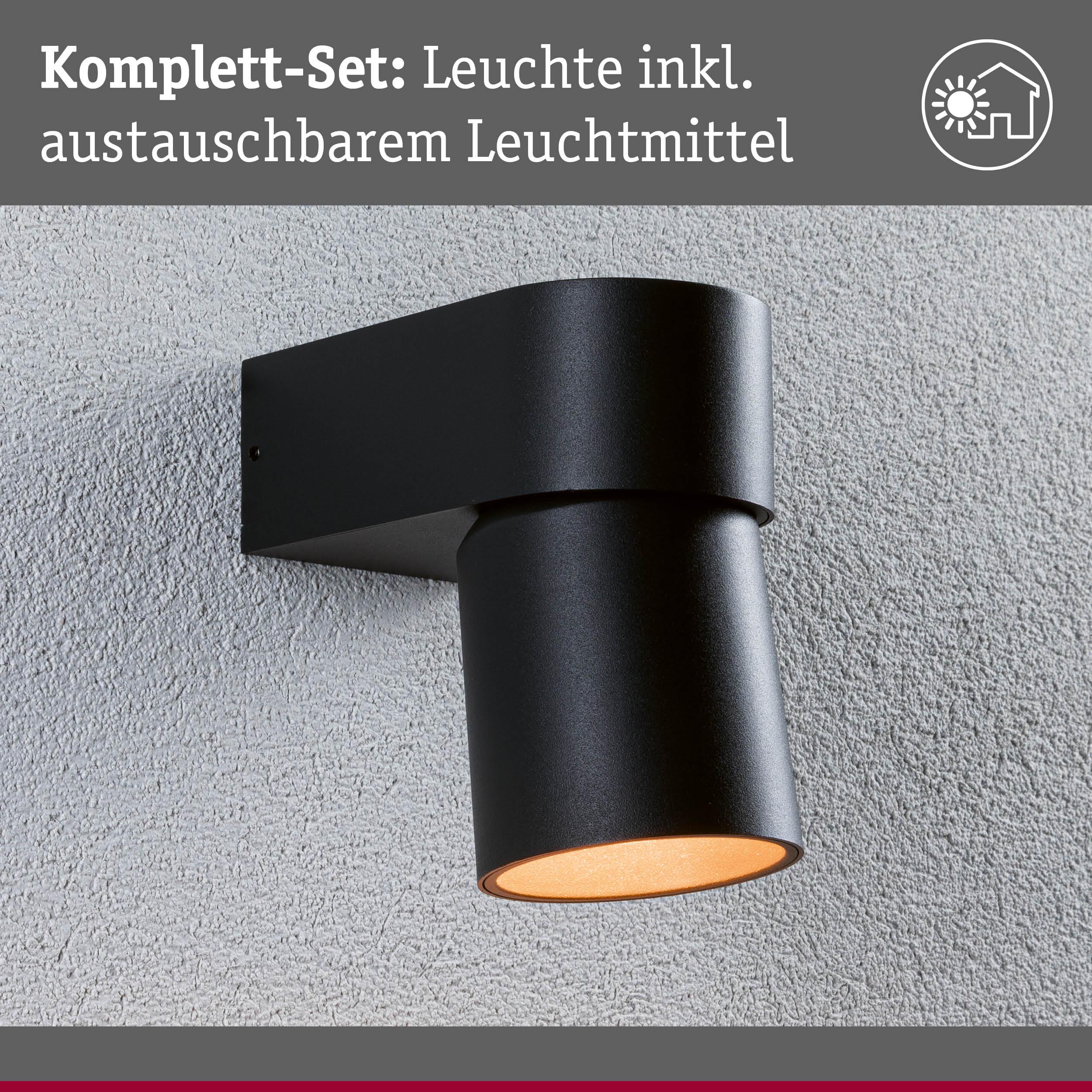 Schwarze Außenwandleuchte aus Metall mit warmweißem Licht und austauschbarem Leuchtmittel für Hauswand.