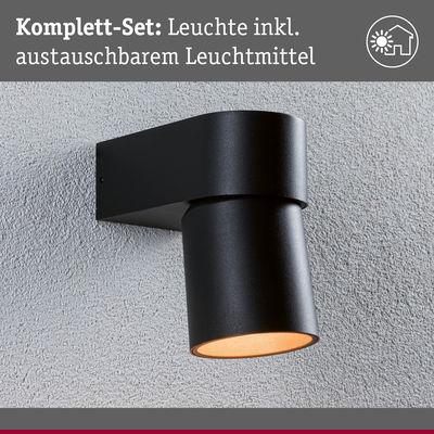 Schwarze Außenwandleuchte aus Metall mit warmweißem Licht und austauschbarem Leuchtmittel für Hauswand.
