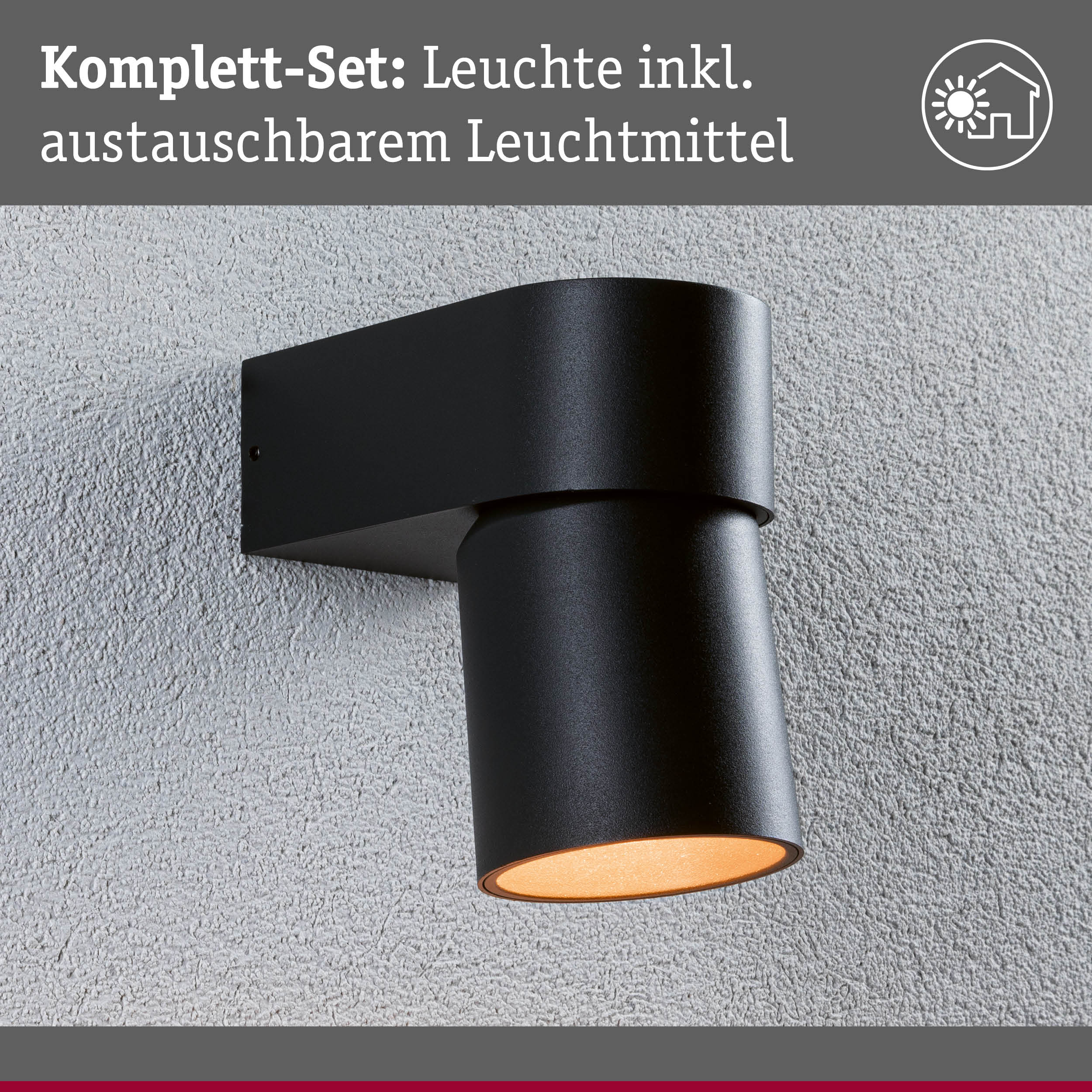 Schwarze Außenwandleuchte aus Metall mit warmweißem Licht und austauschbarem Leuchtmittel