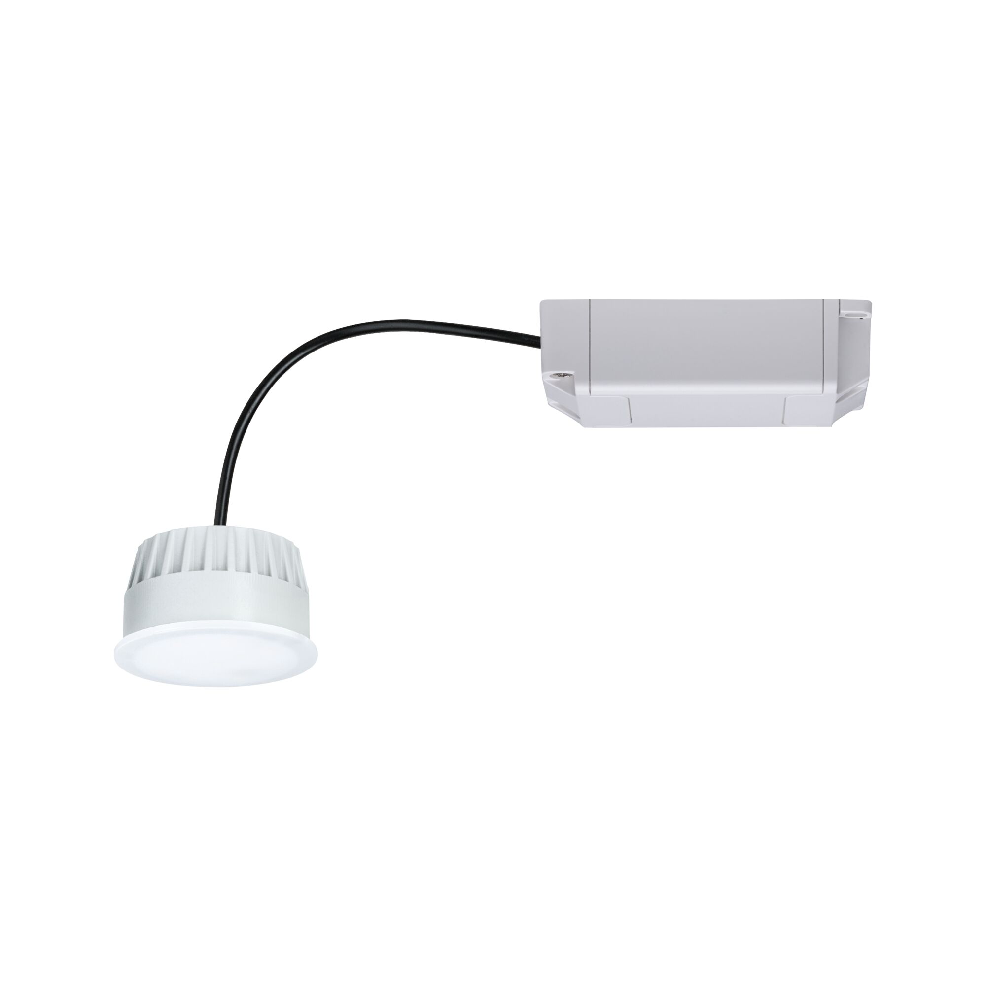 Compacte witte LED-inbouwspot met zwarte kabel en witte driverbehuizing voor binnenverlichting