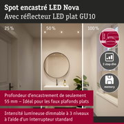 Spot encastré LED Nova avec réflecteur LED plat GU10, intensité lumineuse dimmable en 3 niveaux, profondeur 55 mm