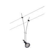 Black LED cable spotlight with transparent holder and silver wires for modern lighting solutions.