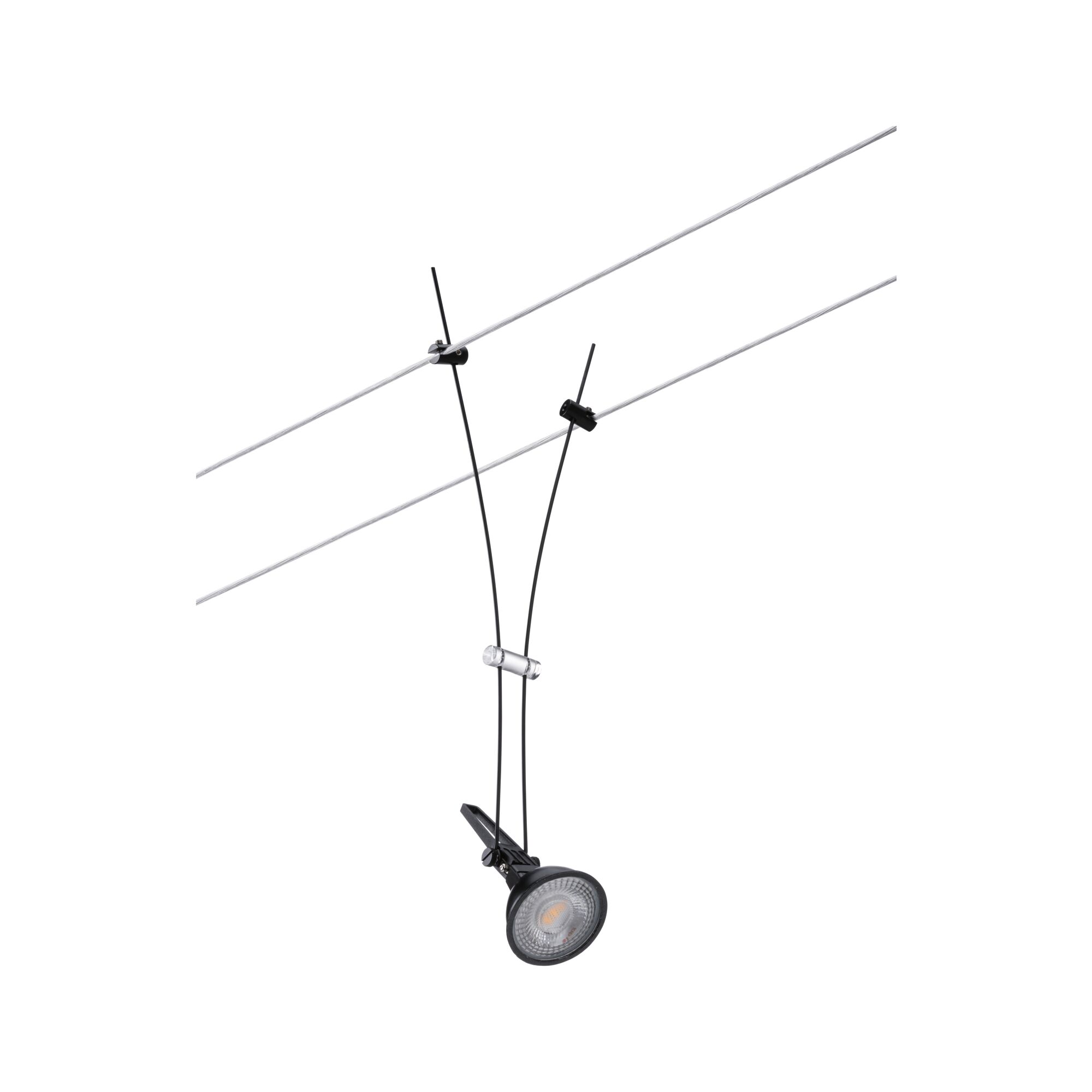 Black LED cable spotlight with transparent holder and silver wires for modern lighting solutions.