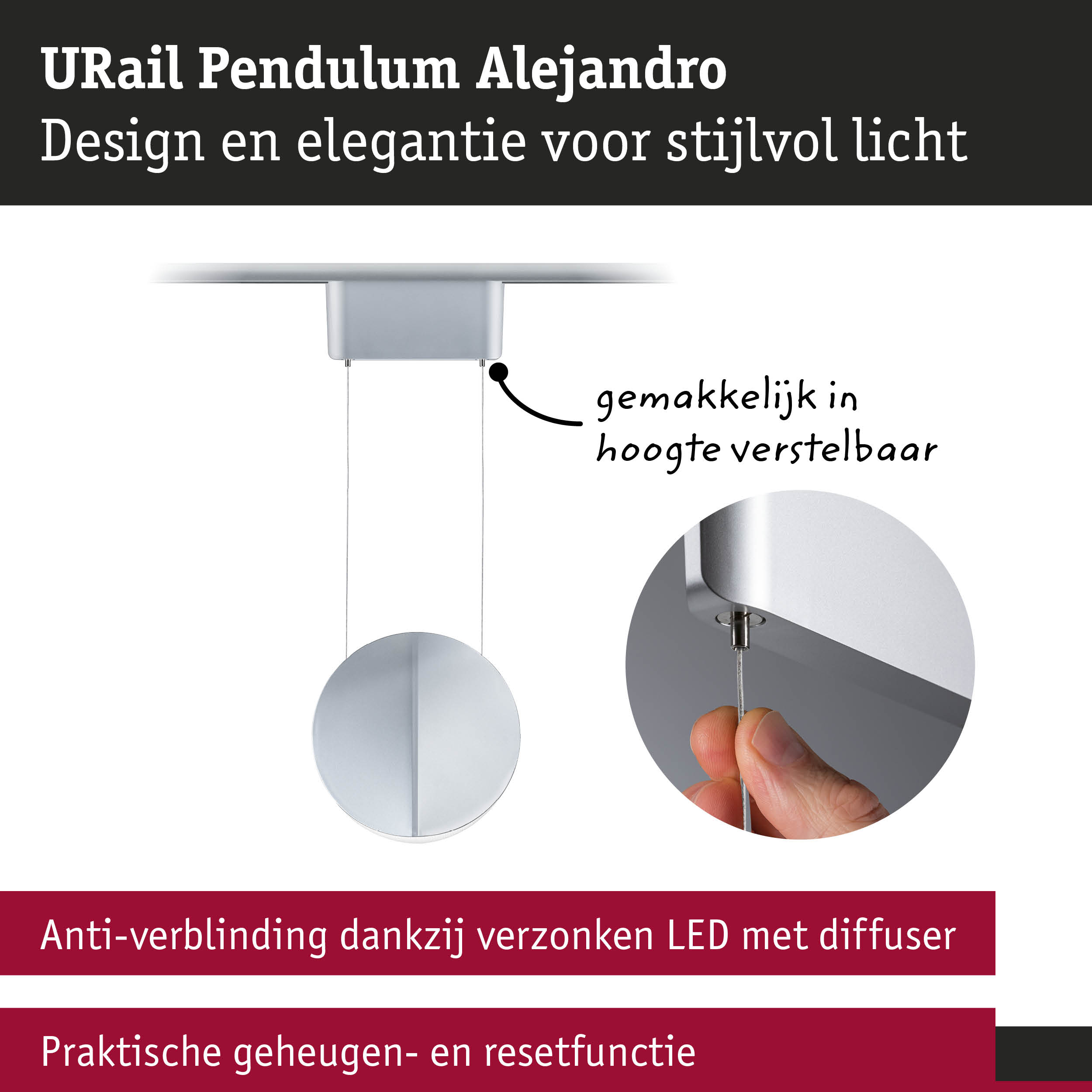 URail Pendulum Alejandro LED plafondlamp in zilver met in hoogte verstelbaar ontwerp en anti-verblindingsfunctie