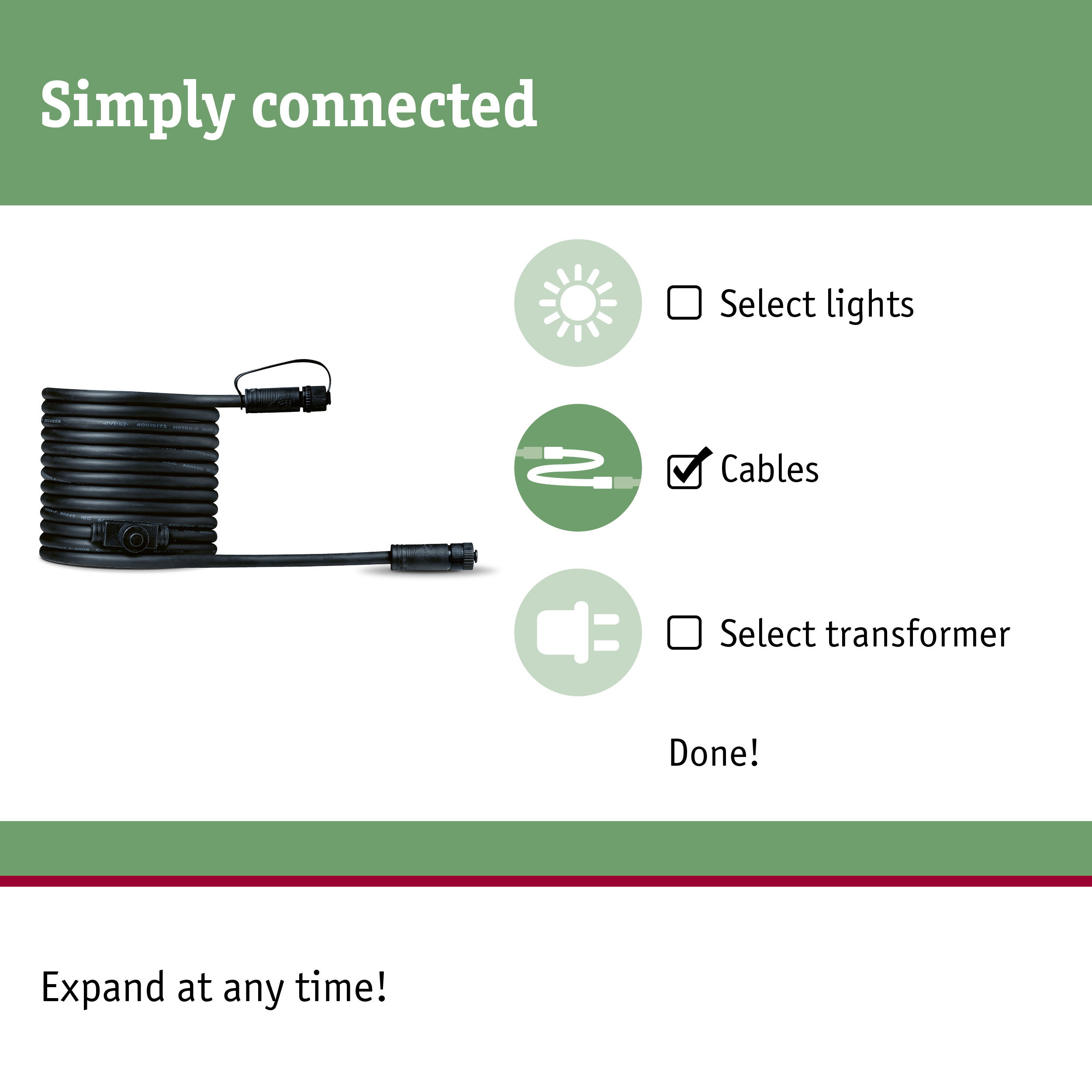 Black connection cable with connectors for flexible lighting systems and easy installation