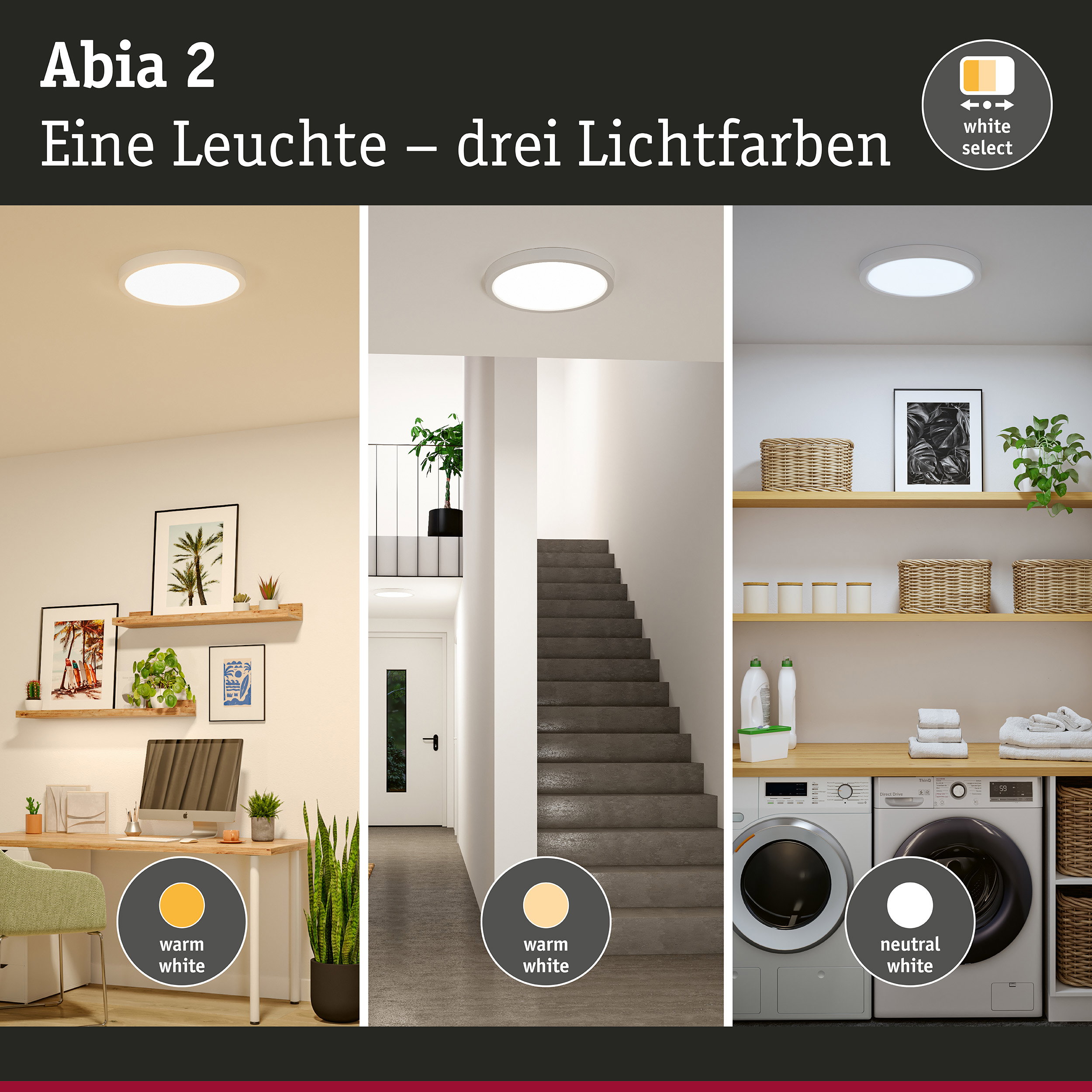 Abia 2 Deckenleuchte mit drei Lichtfarben warmweiß, neutralweiß und tageslicht für Wohnräume