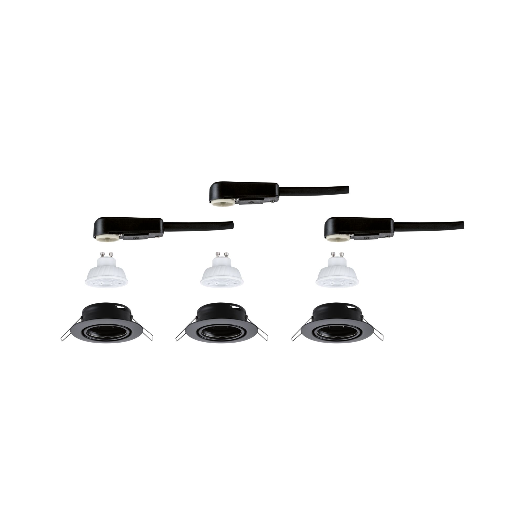Drei schwarze Einbaustrahler mit weißen GU10 LED-Lampen und schwarzen Halterungen für Deckenbeleuchtung