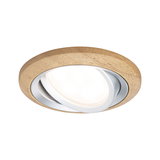 Ronde LED-inbouwspot met natuurlijke houten rand en zilveren binnenring voor woonverlichting