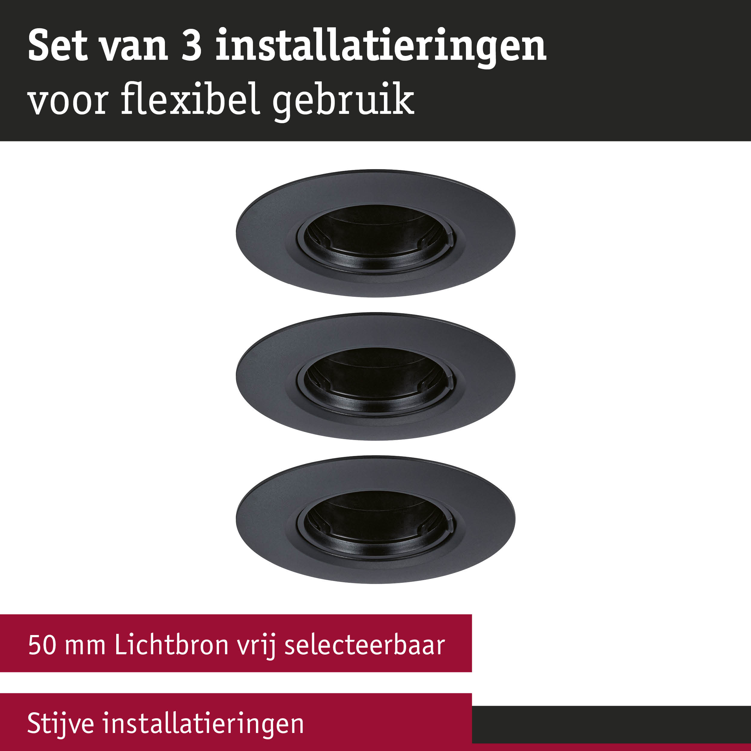 Set van 3 zwarte inbouwframes voor flexibele en stijve lichtinstallaties met 50 mm lichtbron