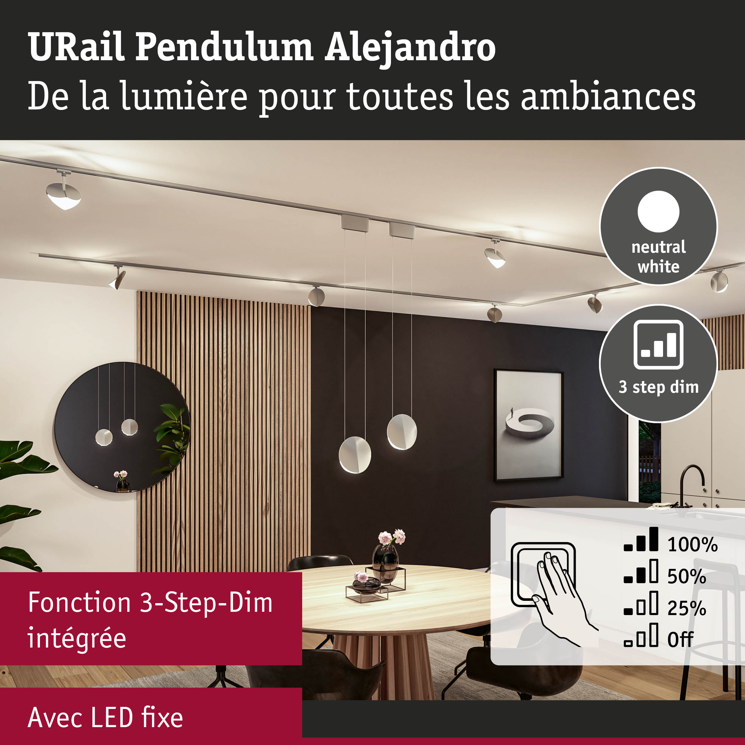 Luminaire suspendu URail Alejandro blanc moderne avec fonction 3-step dim et LED fixe pour ambiance