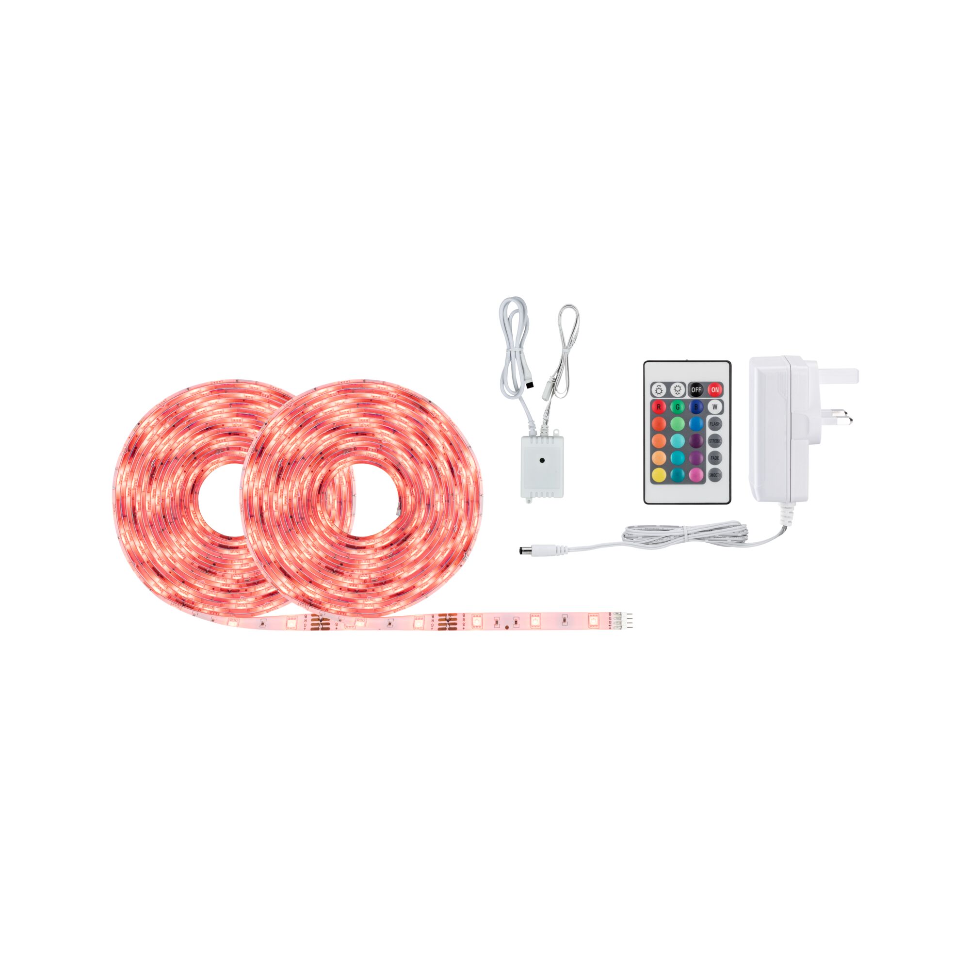 SimpLED LED Strip RGB Complete Set 10m coated 28W 120lm/m 30 LEDs/m RGB 36VA LED strip light set with two red rolls, remote control and power adapter for versatile room lighting