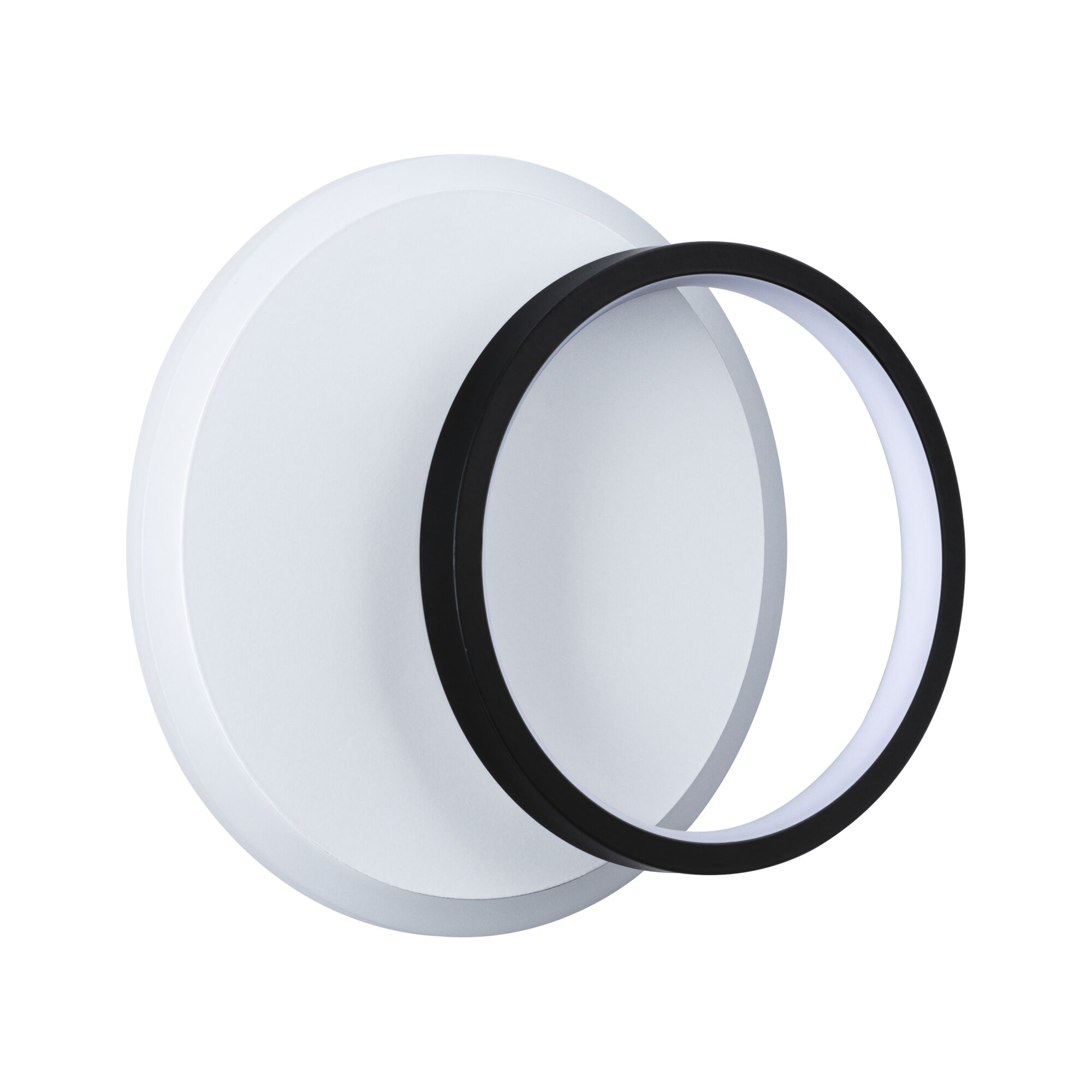 Round white LED wall light with black illuminated ring made of plastic for modern indoor lighting