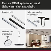 Modulair URail railsysteem met rails, connectoren en pendelverlichting in zwart en wit voor flexibele verlichting