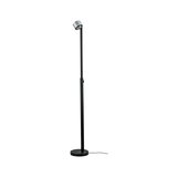 Zwarte metalen vloerlamp met ronde voet en verstelbare zilveren spot voor moderne woonruimtes