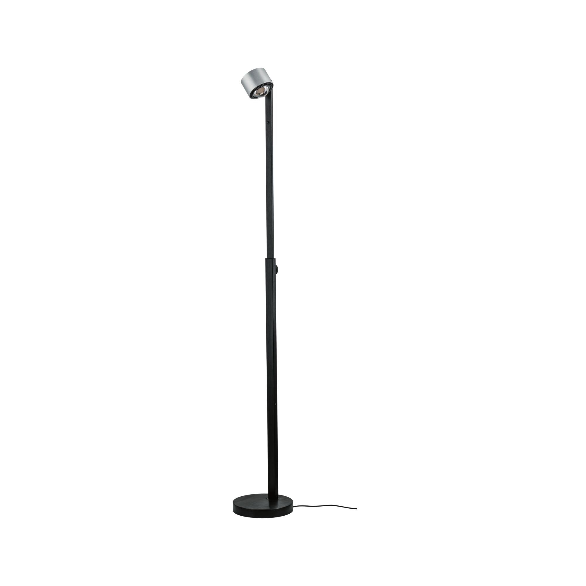 Lampadaire noir avec tête en aluminium argenté et base ronde, éclairage LED moderne pour salon