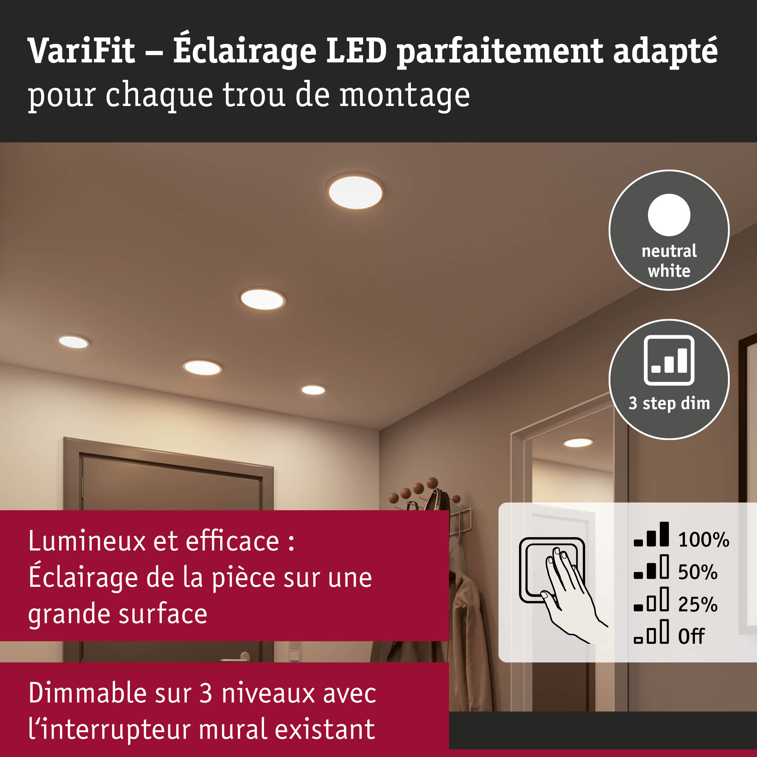 Spots LED encastrés blanc neutre avec variateur 3 niveaux pour éclairage efficace