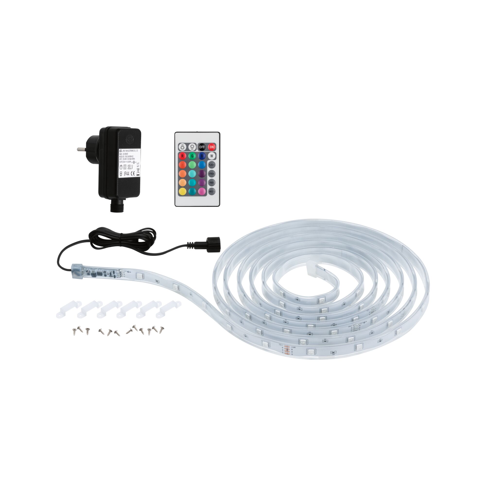 Flexibele LED-strip met afstandsbediening en adapter, transparant materiaal voor kleurrijke verlichting.